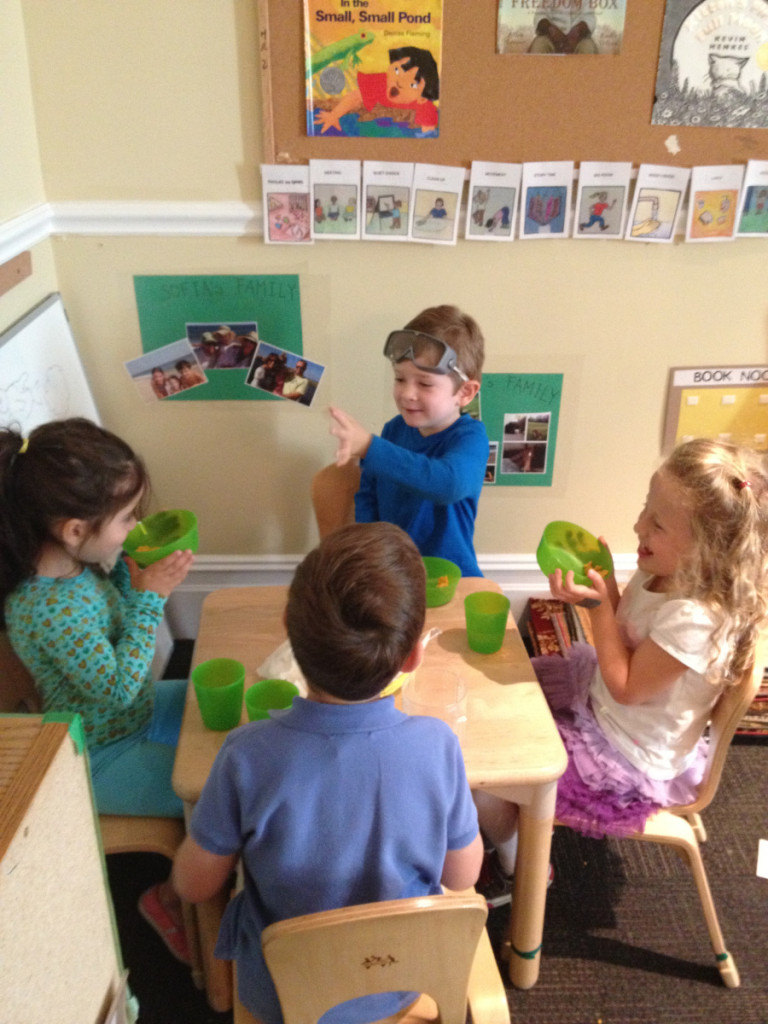 Sophie, Gabriel, Orly and Drew enjoy social time at the snack table. We are trying a new system for snack in which the children serve themselves snack independently when they choose to during Choice Time.
